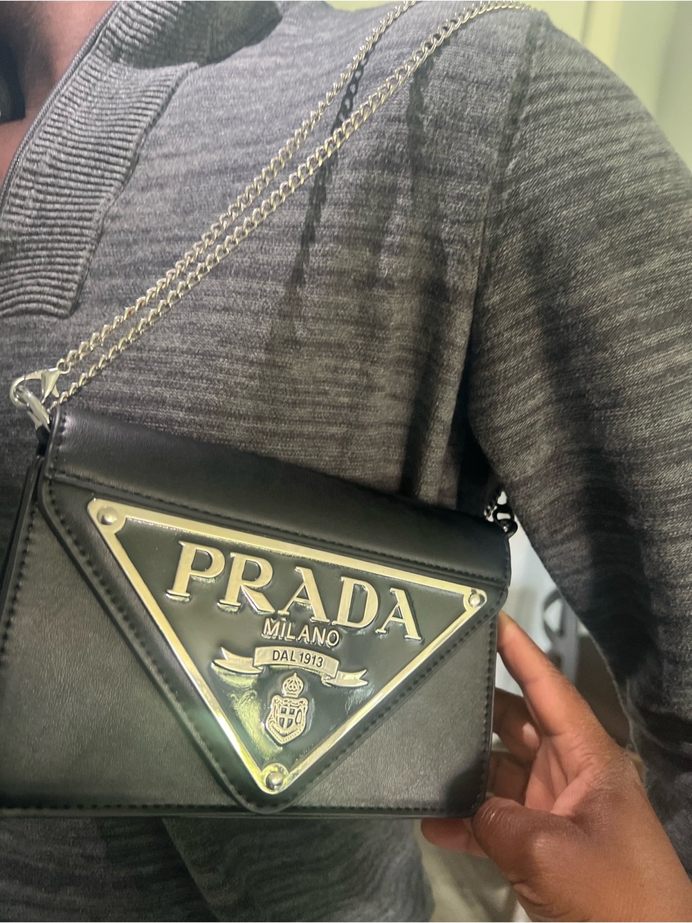 Prada Black Leather Crossbody with Silver Chain and Logo Plaque - Picture 6 of 8